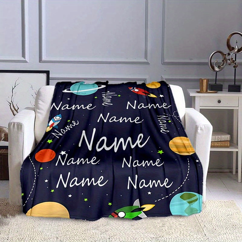 

1pc Custom Your Name Blanket, Personalized Airplanes And Planets Pattern Text Blanket, Outdoor Travel Leisure 4 Seasons Nap Blanket, For Anniversary Gift
