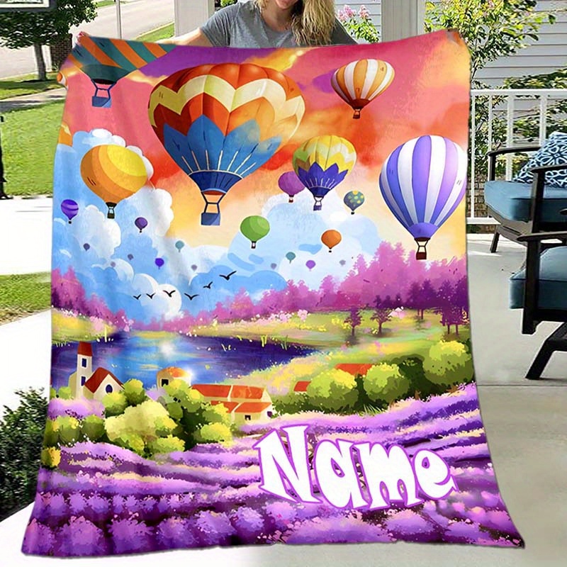 

1pc Custom Your Name Blanket, Personalized Hot Air Balloon Pattern Text Blanket, Outdoor Travel Leisure 4 Seasons Nap Blanket