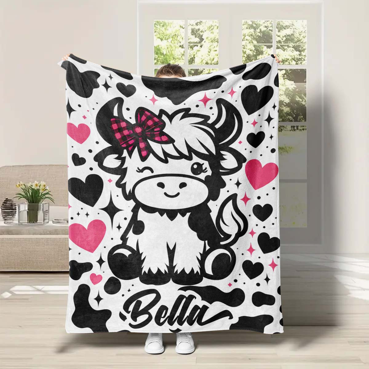 TEMU Personalized Cute Cartoon Cow & Flannel Blanket - Custom Name "bella" With Sparkling Stars, Soft Throw For Girlfriend's Birthday Or Holiday Gift, Cow Blanket