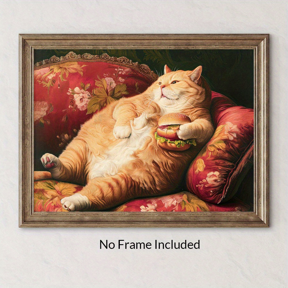 

Charming Fat Cat With Hamburger Canvas Art - Funny Body Positive Wall Decor For Living Room & Bedroom, Unframed 11.8x15.7 Inch