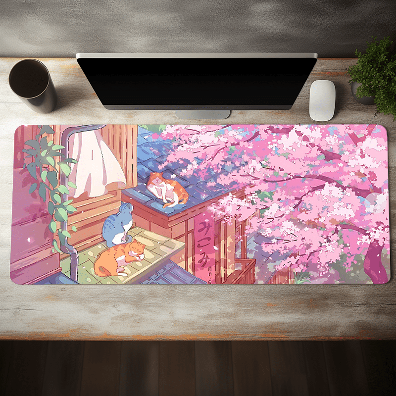 

Cute Cat And Cherry Blossom Aesthetic Mouse Pad - Non-slip Rubber Base, Stitched Edge, Large Gaming Desk Mat For Laptop/desktop - Home Office And Gaming Gift - 35.4x15.7 Inch