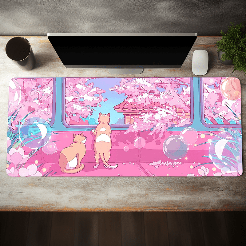 

desk Envy" Cherry Blossom & Cat Large Desk Mat - Pink Aesthetic, Non-slip Rubber Base, Stitched Edges For Gaming & Office Use, 35.4x15.7 Inches