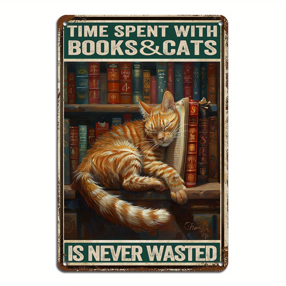 

1pc Vintage Metal Tin Sign - Arts & Crafts Stickers For Room Decor, Wall Art Featuring Girl Reading Books With Cats, Ideal For Home, Restaurant, Bar, Cafe, Garage Decoration - 8x12 Inch (20*30cm) Size