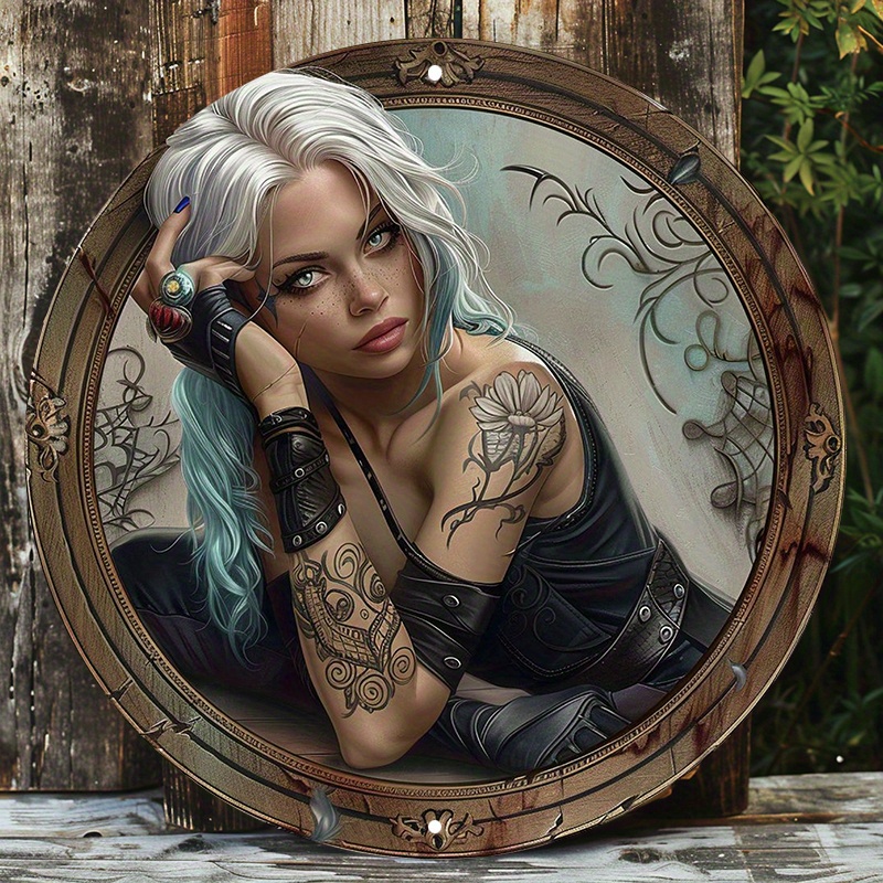 

Aluminum Metal Sign Art Set, Waterproof, Pre-drilled, Hd Printing, Textured - White-haired Woman With Tattoo And Blue Streaks, Round Wall Decor 8x8inch - 1pc