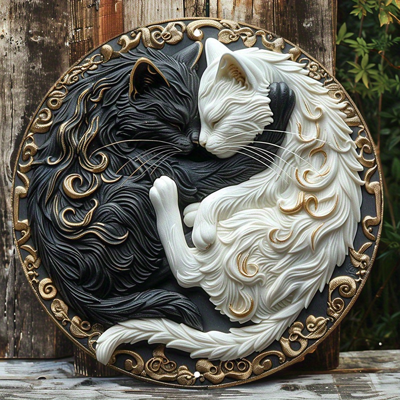 

Black And White Cat Aluminum Metal Wall Sign, 8-inch Round Weather-resistant Door Hanger With Hd Printing, Quality Home Decor - Xc1703