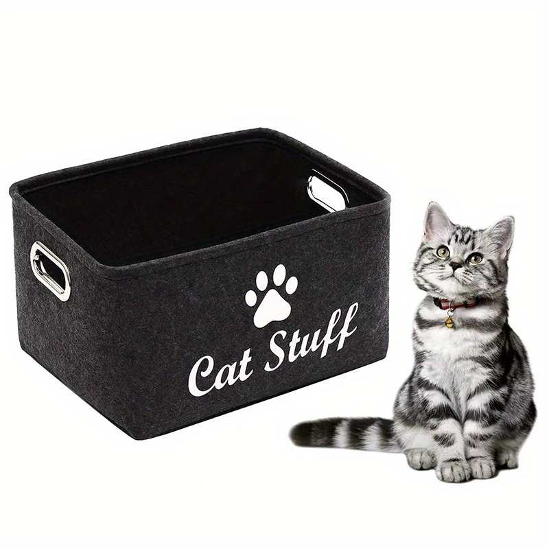 

Cat Stuff Patterned Felt Storage Box, Foldable Pet Toy Organizer With Handle Design, Durable Multi-layer Fabric Cat Toy Basket Without Battery