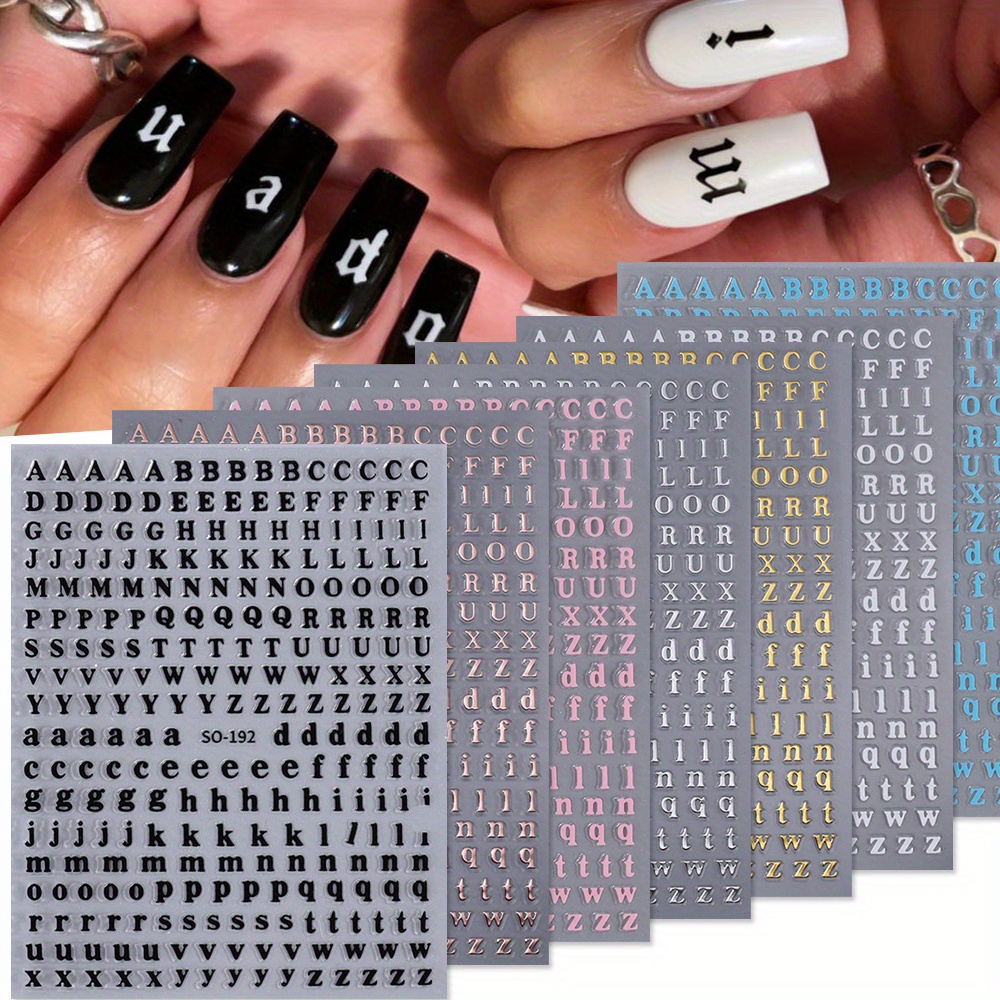 

7 Sheets English Letter Design Nail Art Stickers, Self Adhesive Nail Art Decals For Nail Art Decoration, Nail Art Supplies For Women And Girls