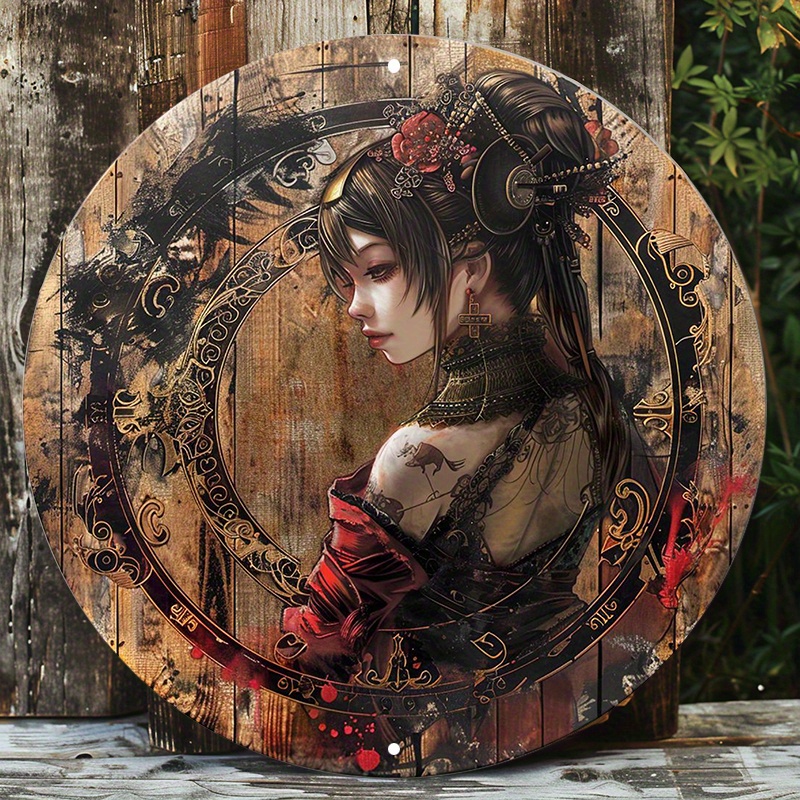 

Steampunk Ninja Girl Aluminum Metal Sign - 1pc 8" Round Waterproof Art Decor With Hd Printing, Pre-drilled, Weather-resistant, Quality Texture - Anime 1800's Japan Theme Wall Hanging Xc1790