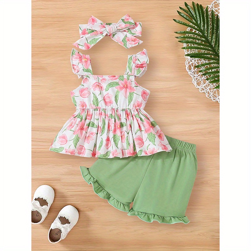 

Girls' Summer Cartoon Flying Sleeve Strap Stitching Dress Top + Green Waist Trimmed Pleated Cute Lace Shorts For Medium And Small Children's Baby Outing Casual Suit Clothes, Outdoor