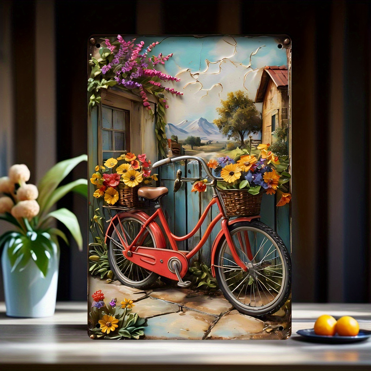 

Aluminum Wall Art Decor Sign - Vintage Bicycle With Flowers Embossed Metal Sign (8x12 Inches) - Ideal For Home, Cafe, Man Cave, Bar, Office, And Club Wall Decor