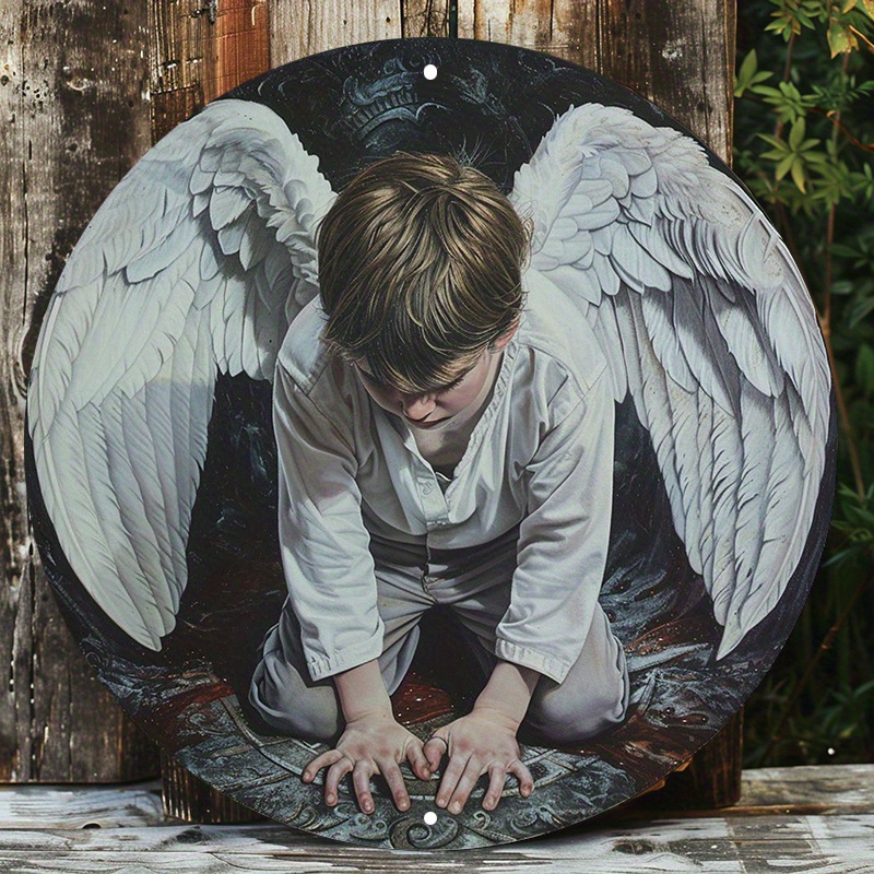 

cherubic Elegance" White Boy With Wings - 8x8" Round Aluminum Sign | Durable & Uv Protected Wall Decor For Indoors/outdoors