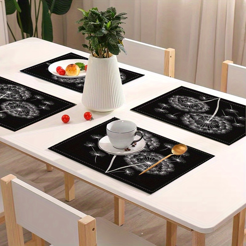 

Dandelion Design Linen Place Mats 2/4pcs Set - Square Woven Table Mats, Hand Wash Only, Creative Black Table Mat For Dining Kitchen Decor, Ideal For Parties And Home Decoration