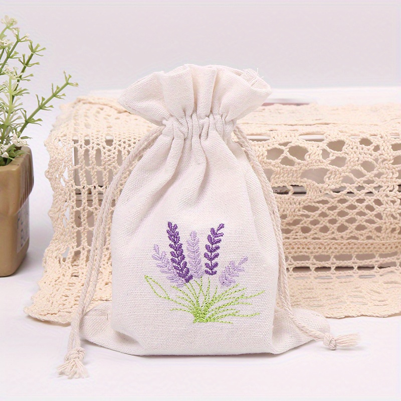 

5pcs/set, Lavender Embroidered Cotton Bags With Drawstring Closure Linen Bags Jewelry Storage Pouches Empty Sachet Brocade Bags Natural Linen Storage Bags Holiday Gift Packaging Bags