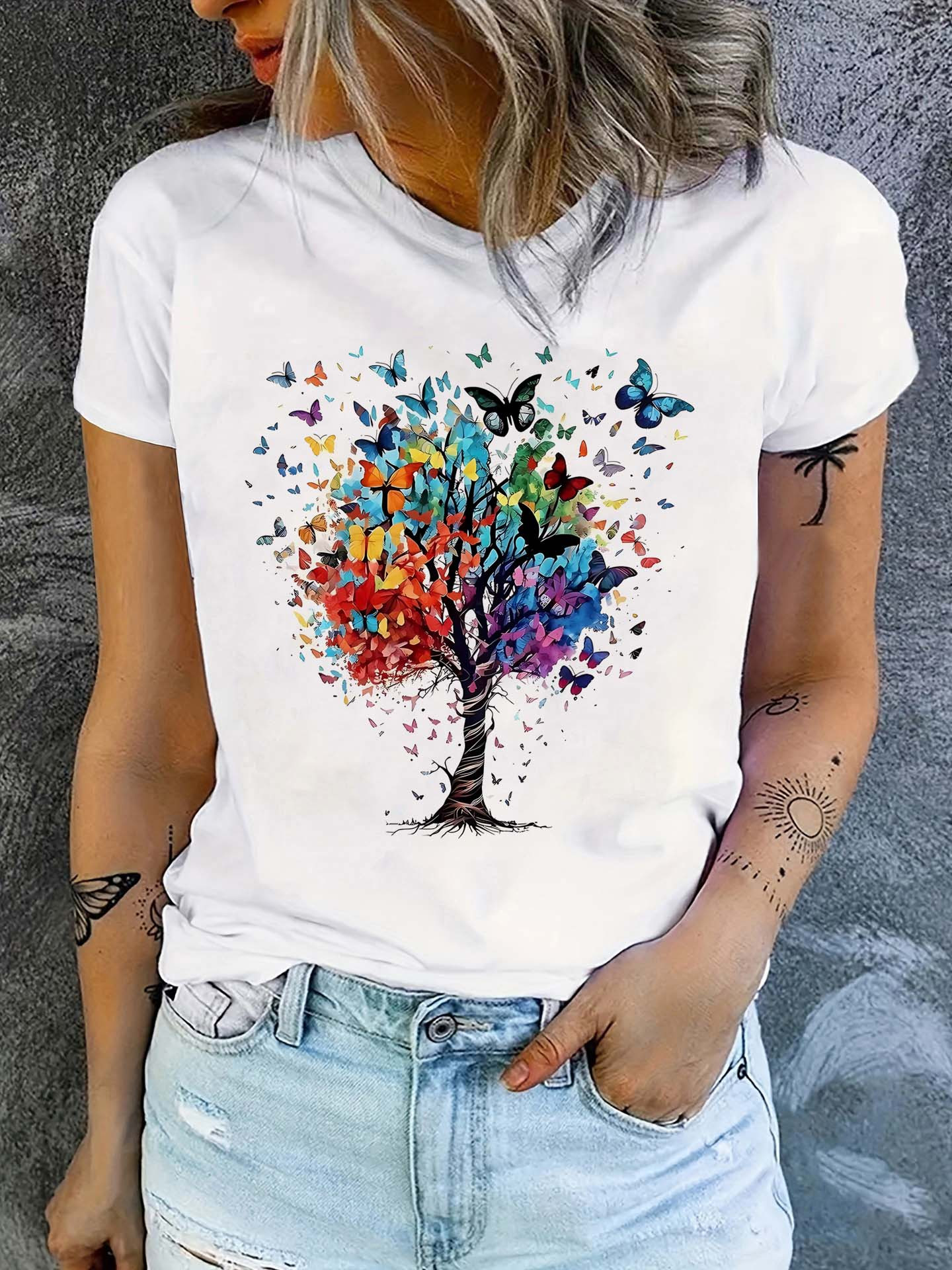 Butterfly Print Crew Neck T-Shirt, Casual Short Sleeve T-Shirt For Spring & Summer, Women's Clothing