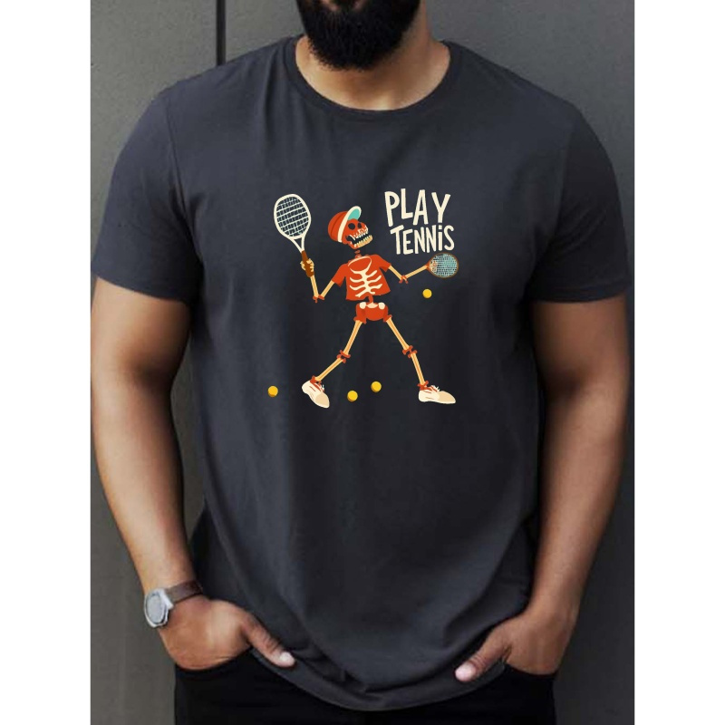 

Men's Casual Polyester Tennis Skeleton Graphic T-shirt - Fun Summer Crew Neck, Machine Washable, Regular Fit