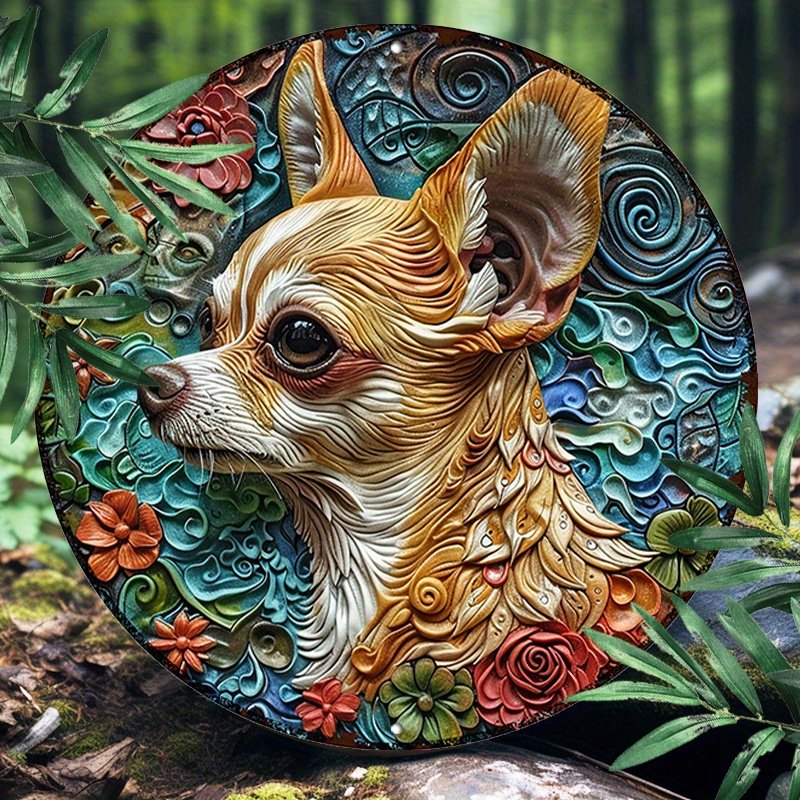 

1pc Chihuahua Mandala Psychedelic Art Style Round Aluminum Metal Sign - 8x8 Inch Uv Resistant, Waterproof Home & Wall Decor With Pre-drilled Holes
