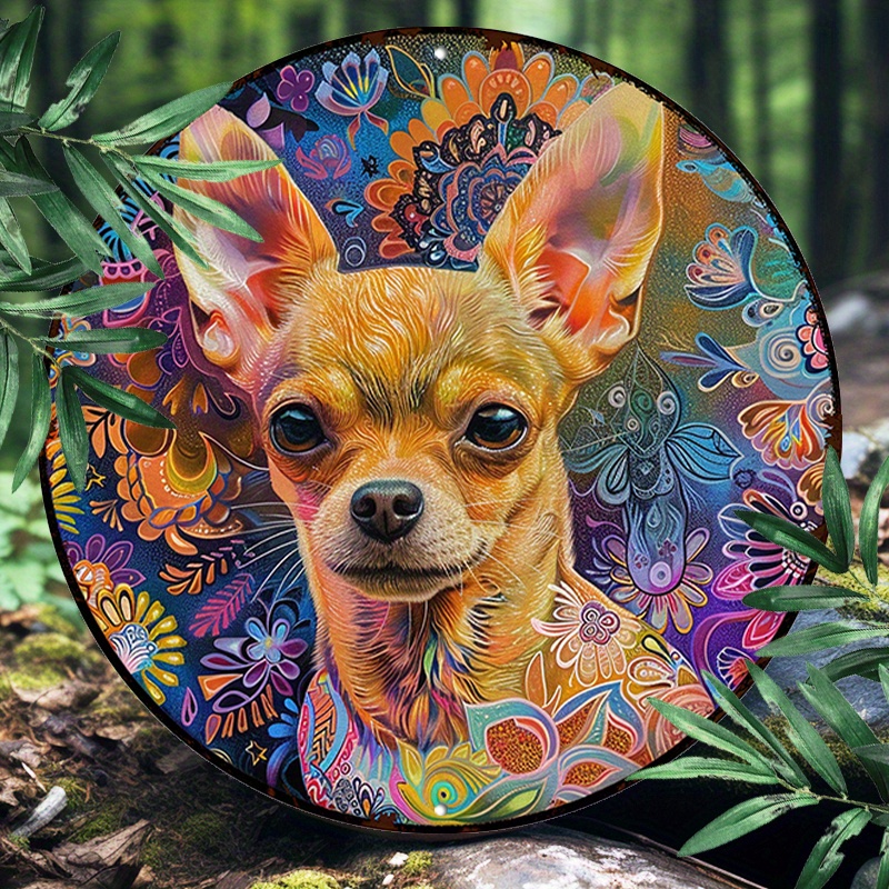 

Aluminum Art Set Of 1pc - 8" Round Metal Sign With Chihuahua In Mandala Psychedelic Art, Waterproof & Uv Resistant Wall Decor For Restaurant & Home
