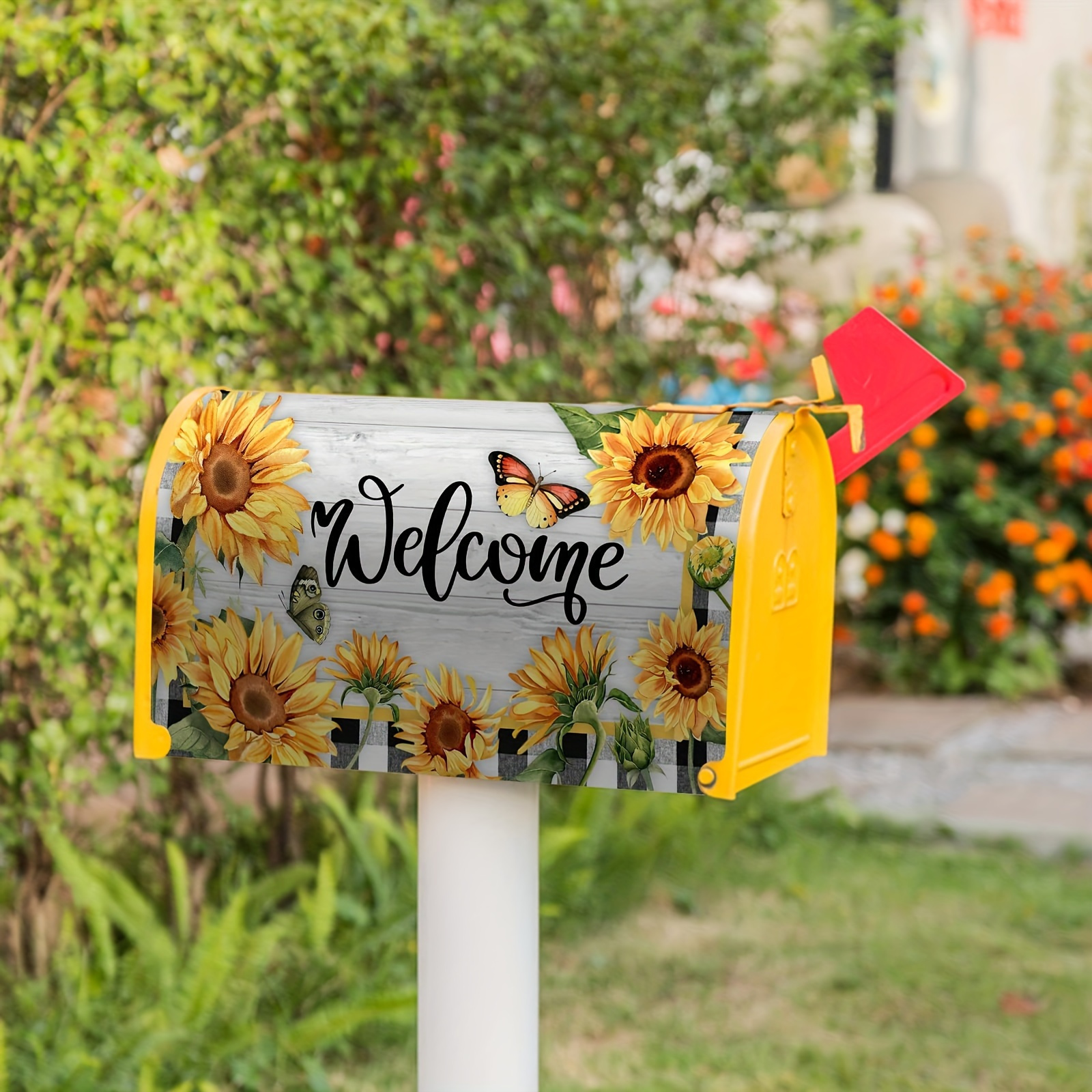 

Sunflower Butterfly Welcome Magnetic Mailbox Cover - Farmhouse Buffalo Plaid Design, Weatherproof Outdoor Decor For Standard 21x18in Mailbox