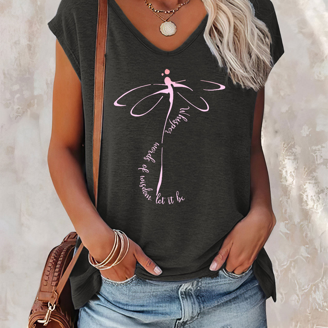 

Dragonfly Print Cap Sleeve Top, Casual Top For Summer & Spring, Women's Clothing