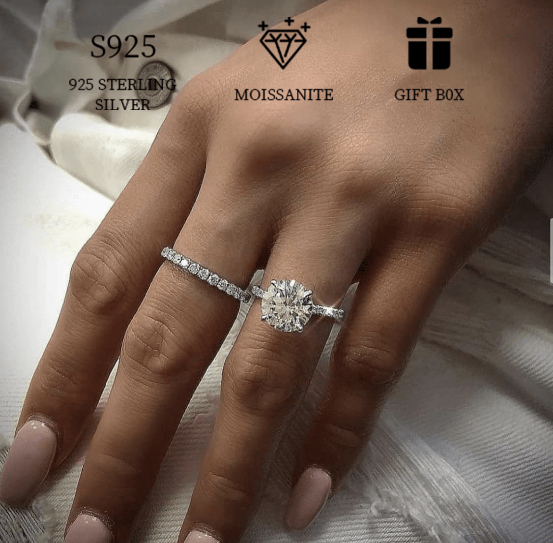 2ct s925 sterling silver moissanite classic two piece ring set low allergy full   diamond stacking engagement wedding ring for women bohemian   jewelry gifts for women details 0