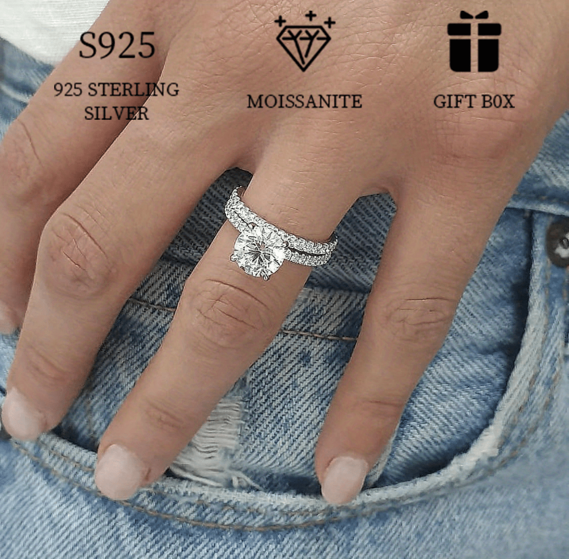 2ct s925 sterling silver moissanite classic two piece ring set low allergy full   diamond stacking engagement wedding ring for women bohemian   jewelry gifts for women details 1