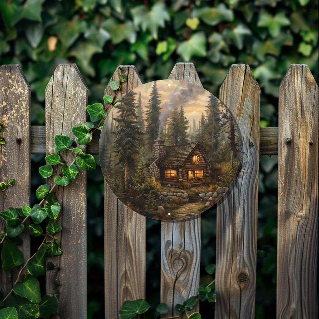 Rustic Cabin Metal Wall Art Cutout 8 Inch Aluminum Round Sign For