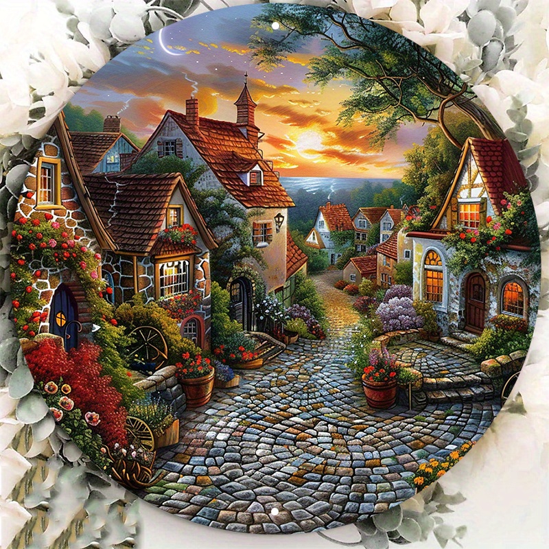 

8x8 Inch Round Aluminum Metal Wall Sign With Beautiful Countryside Lzw271 Image - Waterproof And Weather Resistant Art Decor For Home And Garden