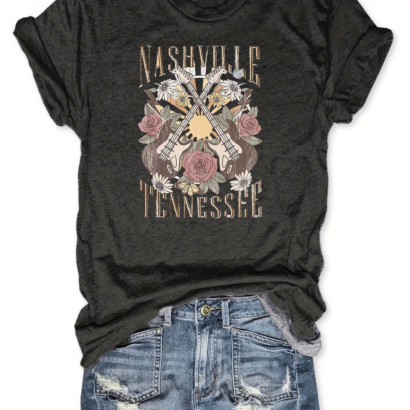 

Tennessee Print T-shirt, Short Sleeve Crew Neck Casual Top For Summer & Spring, Women's Clothing