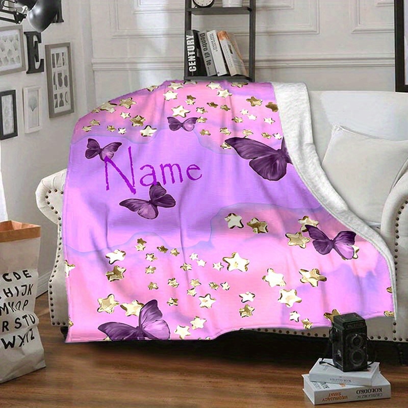 

1pc Custom Your Name Blanket, Personalized Butterfly Pattern Text Blanket, Outdoor Travel Leisure 4 Seasons Nap Blanket, For Anniversary Gift