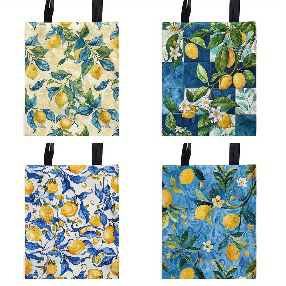 

Lemon Tree & Floral Pattern Canvas Tote Bag, Retro Illustration Style, Shopping Bag, Classic Daily Use Handbag