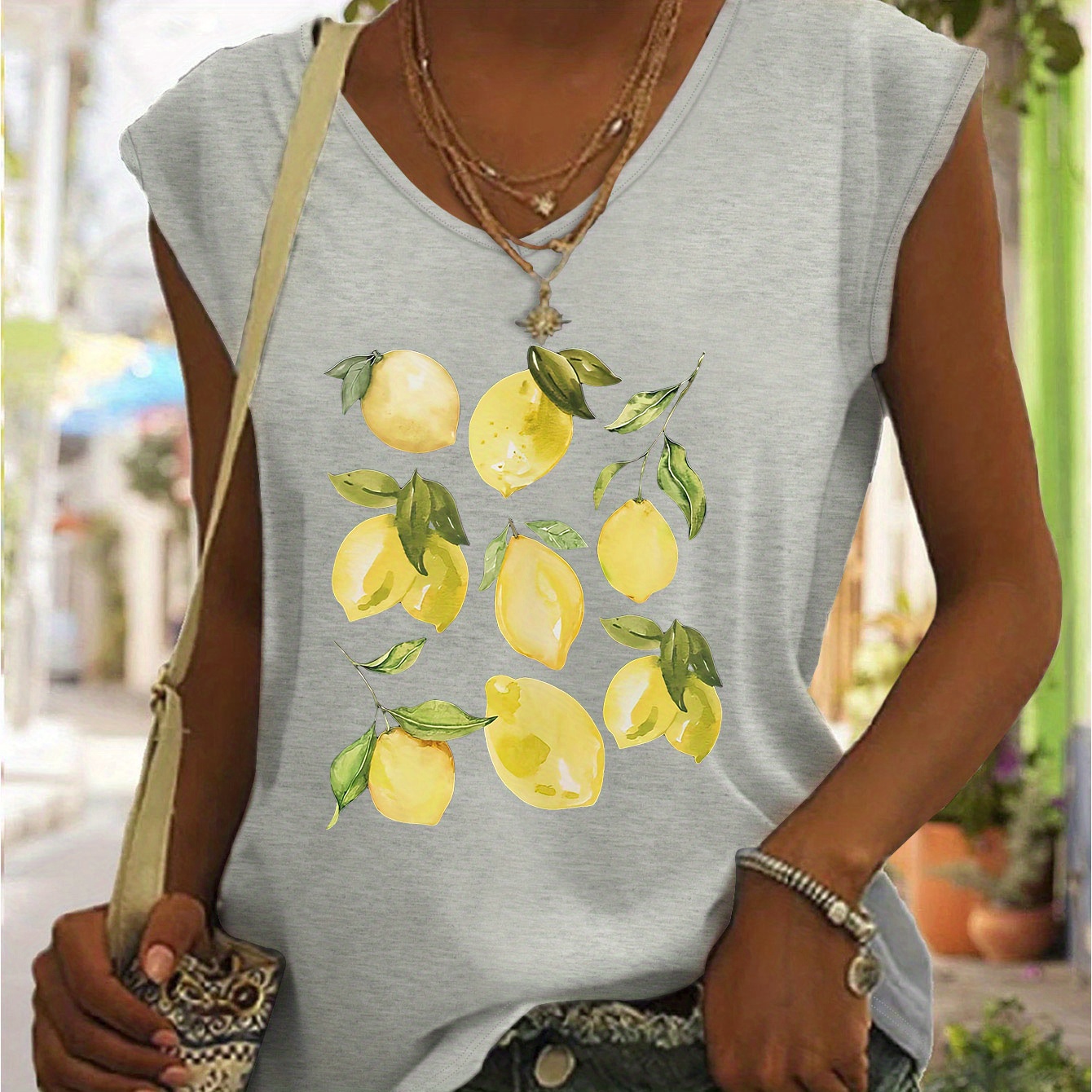 

Lemon Print V Neck Top, Casual Cap Sleeve Top For Summer, Women's Clothing