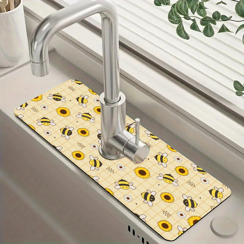 

1pc Bee & Sunflower Faucet Absorbent Mat - Non-slip, Moisture-proof Sink Drain Pad For Kitchen & Bathroom Countertop Protection