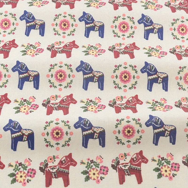 

Cotton Linen Blend Fabric With Floral And Dala Horse Print For Diy Crafts And Tablecloths - Decorative Fabric For Sewing And Crafting Projects