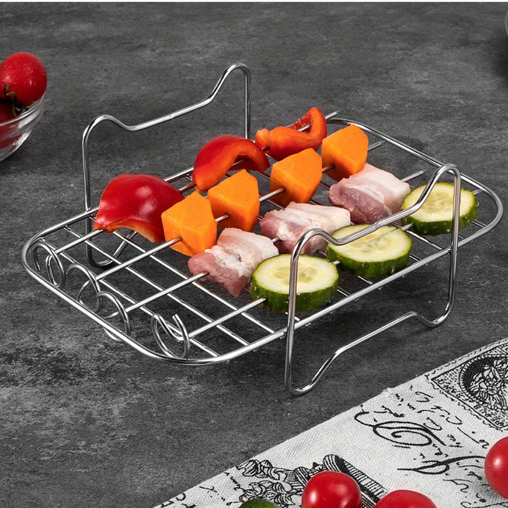 1set 1pc stainless steel double layer steaming rack with 4 skewers single layer air fryer rack food frying basket air fryer basket steaming and baking rack with skewers barbecue air fryer accessories oven microwave baking cooking rack details 9