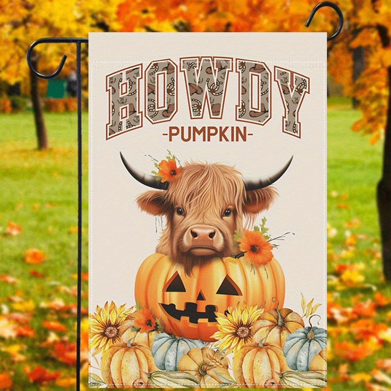 

1pc, Howdy Pumpkin Garden Flag, Cow Teal Pumpkins Print House Flag, Fall Yard Decor Autumn Farmhouse Lawn Decor Double Sided Waterproof Burlap Flag 12x18inch