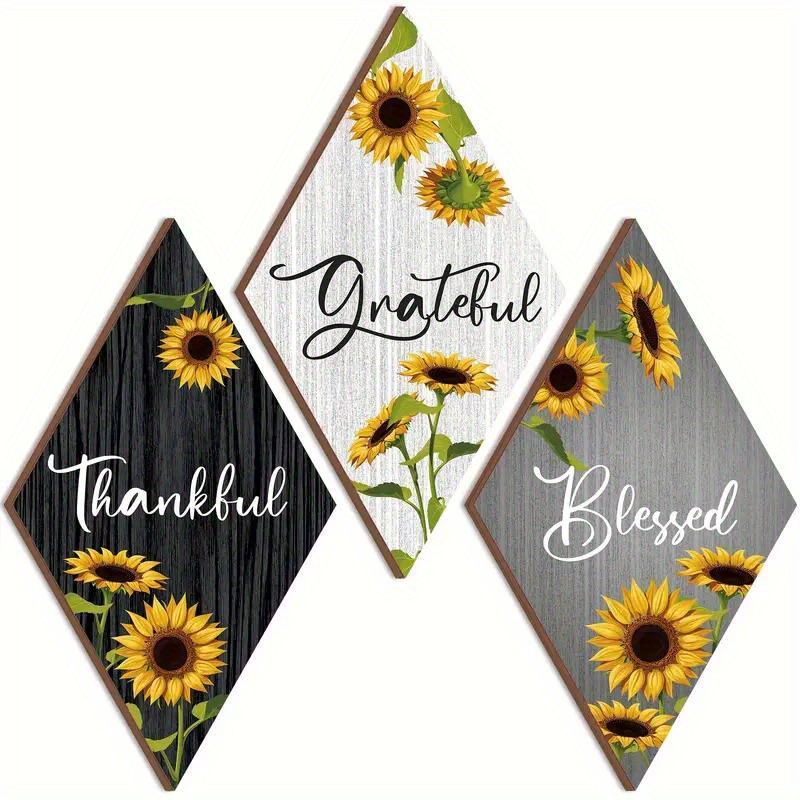 

3 Pcs Rustic Sunflower Wooden Wall Decor With Quotes - Thankful, Grateful, Blessed - Double-sided Adhesive Nail-free For Living Room, Bedroom, Home Office, Classroom Decorations