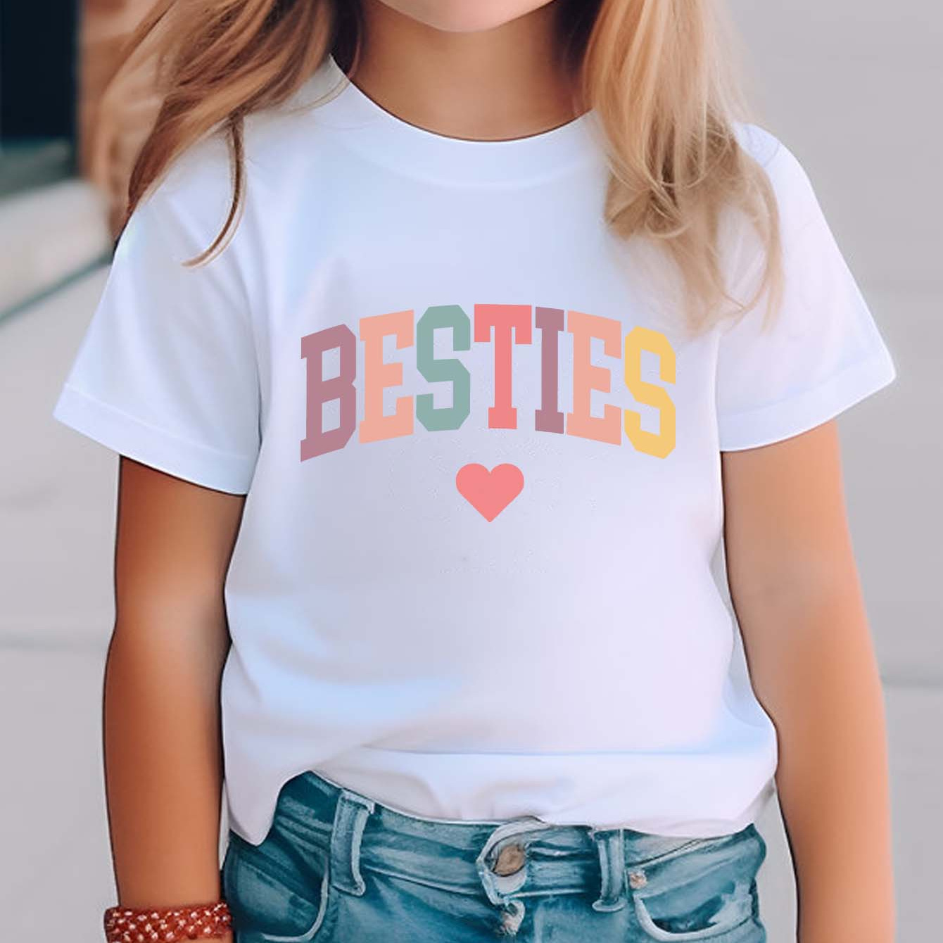 

Besties & Heart Graphic Print Tee, Girls' Casual & Comfy Crew Neck Short Sleeve Cotton T-shirt For Spring & Summer, Girls' Clothes For Outdoor Activities