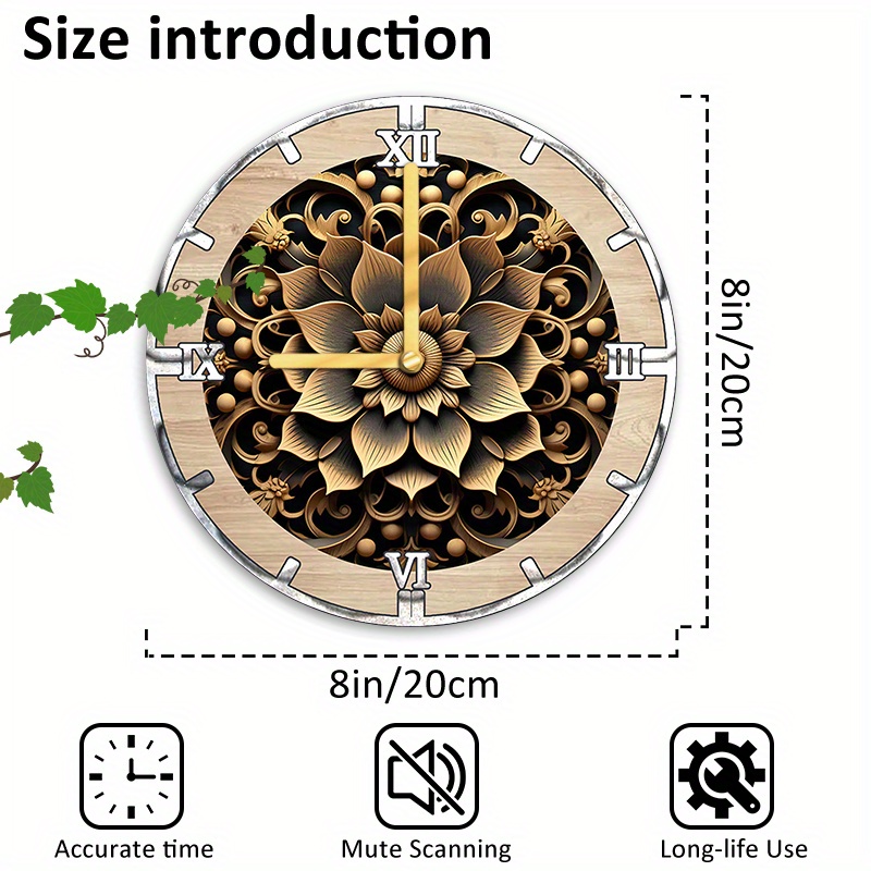 DIY 20.32X20.32cm アルミニウム製壁掛け時計、花柄デザイン - 簡単組み立て、オフィス、リビングルーム、教室の装飾用時針と分針付き.