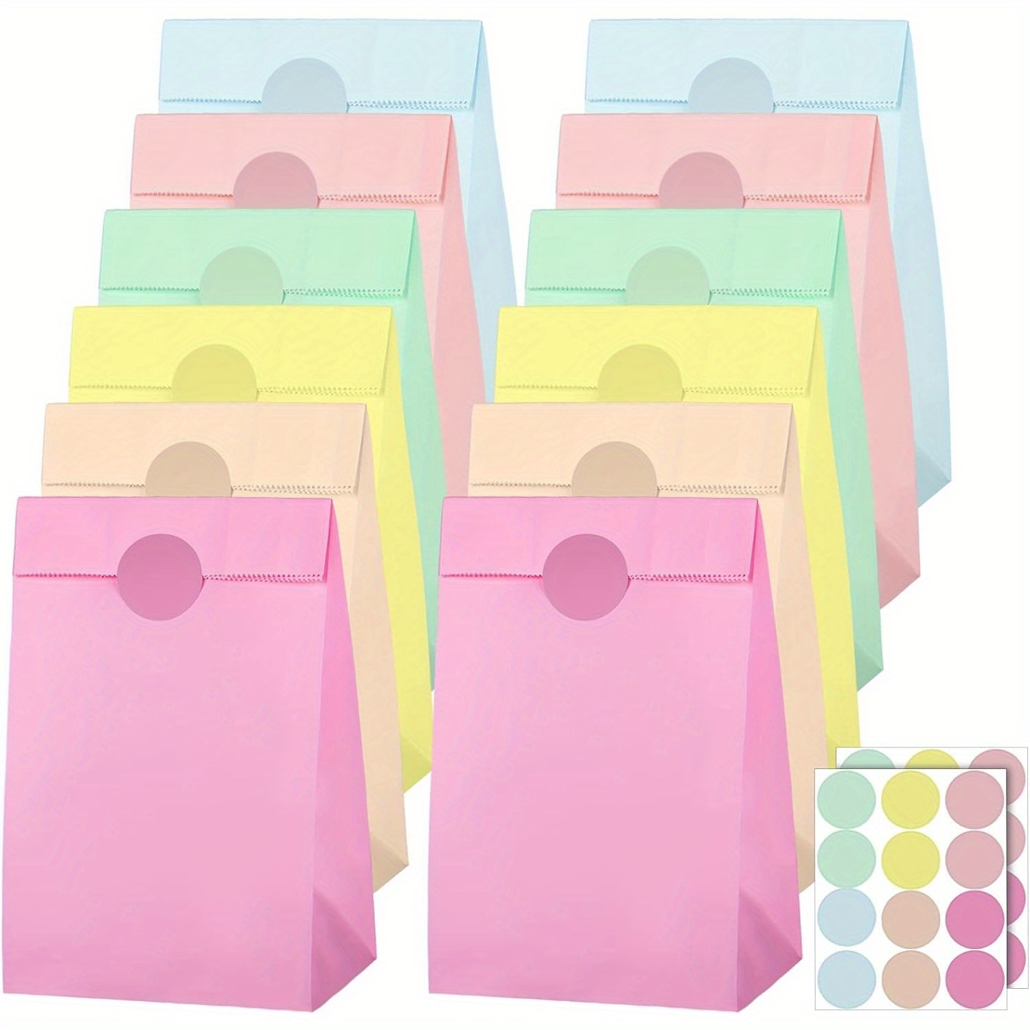 

12 Pack Of Pastel Colored Gift Bags With 12 Stickers - Perfect For Parties, Weddings, Or Any Special Occasion - Made Of Paper