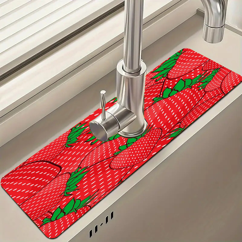 

Strawberry Print Absorbent Faucet Mat - Non-slip, Moisture-proof Sink Drain Pad For Kitchen & Bathroom Countertop Protection