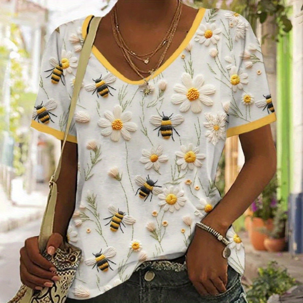 

Bee Print V Neck T-shirt, Short Sleeve Casual Top For Spring & Summer, Women's Clothing
