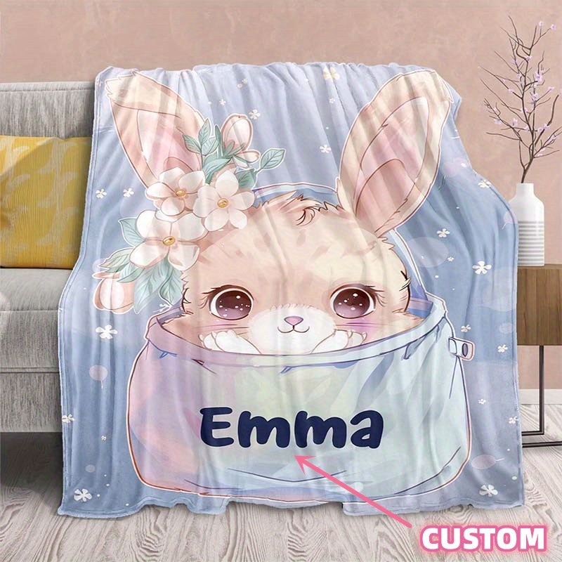 

1pc Personalized Cute Cartoon Bunny Blanket With Custom Name, Soft Nap Throw Blanket For Festive Birthday Gift