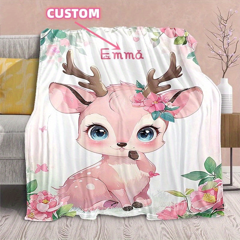 

1pc Custom Name Blanket Adorable Cartoon Deer Design Soft Nap Blanket, Perfect Birthday & Festive Gift