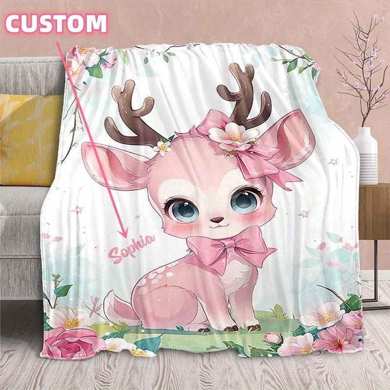 

1pc Custom Name Blanket Cute Cartoon Deer Soft Nap Blanket, Festive Birthday Gift, Cozy Throw Blanket For Snuggles, Contemporary Style, Home Decor