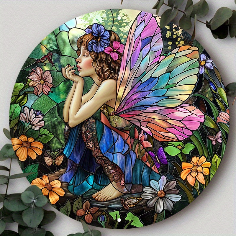 

Weatherproof Aluminum Fairy Garden Sign, 8x8 Inch Circular Metal Wall Art With Pre-drilled Holes, Hd Printed Outdoor Decor For Home & Club, Waterproof Floral Butterfly Design - 1pc