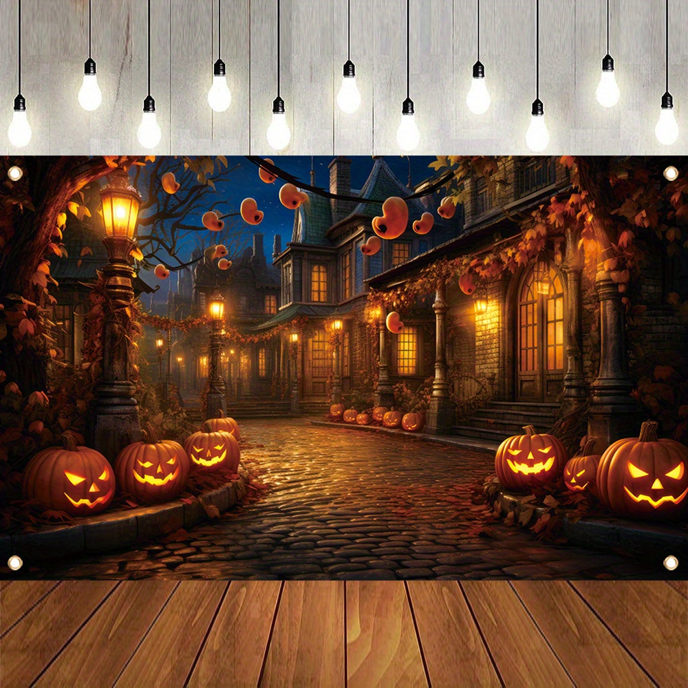 

1pc Halloween City Polyester Decorative Banner, Jack-o-lantern Photography Backdrop, Happy Halloween Horror Spooky Party Photo Booth Supplies, 4 Corners Drilled, Easy To Hang Indoor And Outdoor