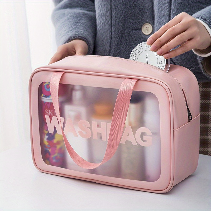 

3pcs/set Pu Frosted Transparent Makeup Bag, Waterproof Travel Toiletries Organizer, Portable Large Capacity Storage Bag With Handle
