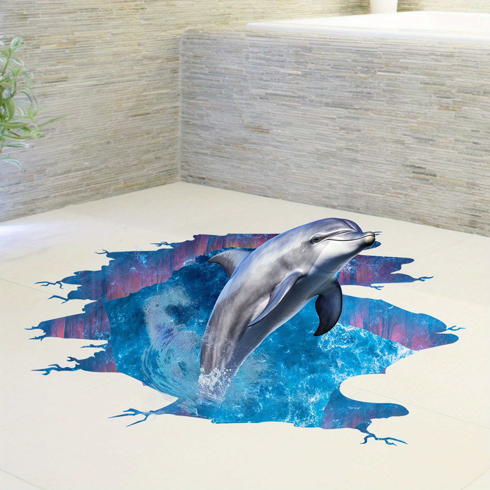 

Vinyl Dolphin Wall Decal, 3d Ocean Floor Stickers, Waterproof Removable Seascape For Bathroom Bedroom Living Room Decor