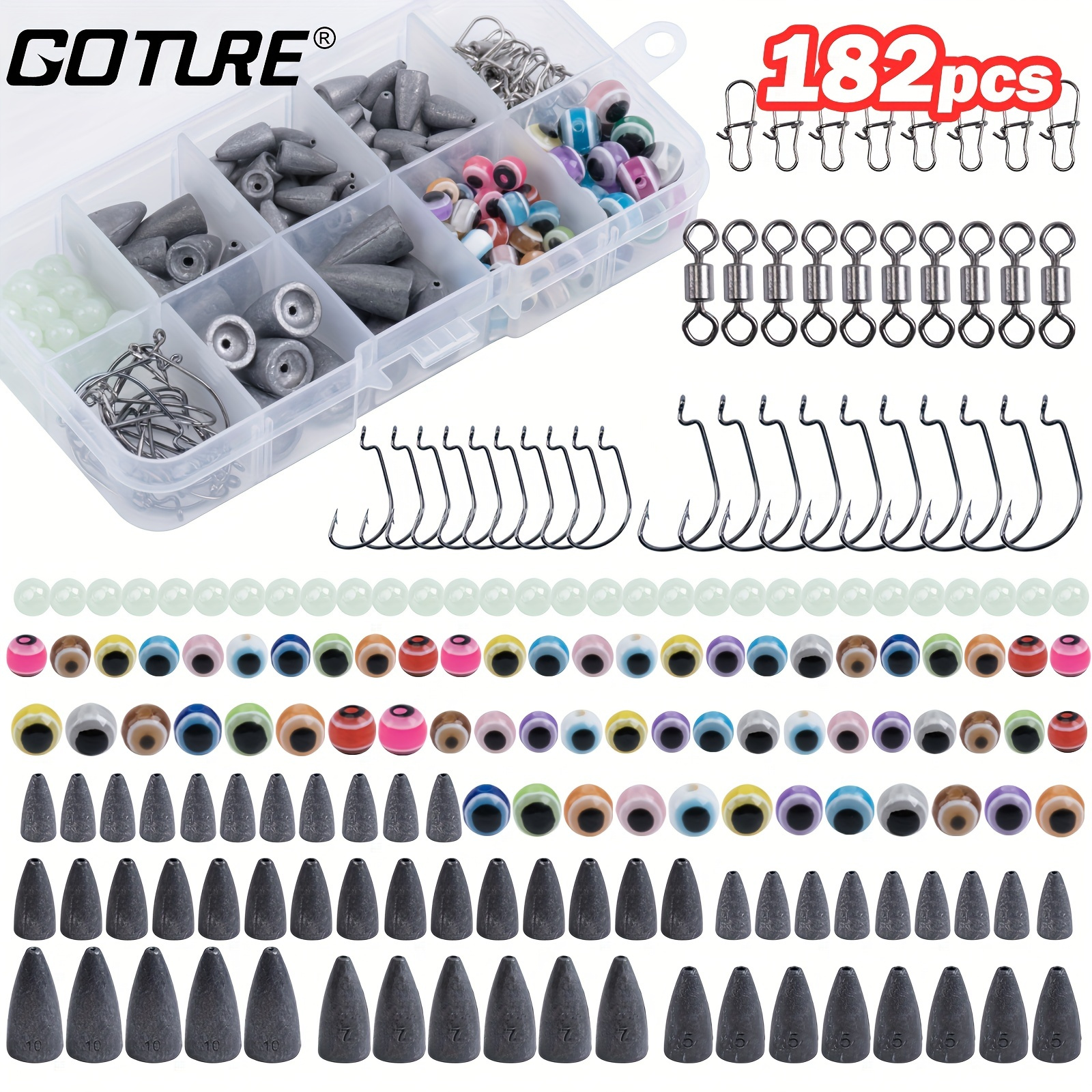 

Goture 182pcs Fishing Tackle Group, Including Fishing Weights Sinkers Lure, Fishing Beads Bullet Sinkers, Fishing Accessories Kit