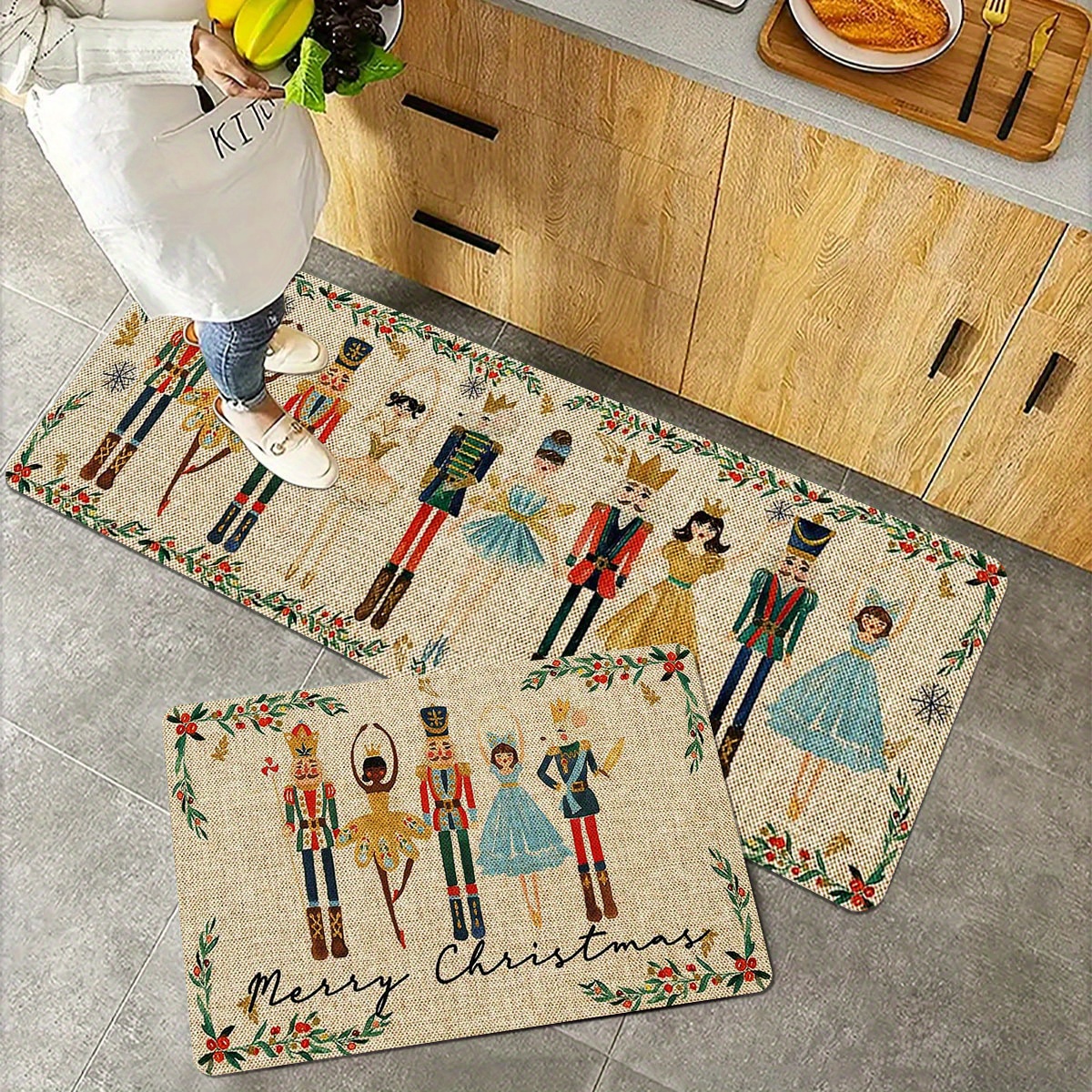 

Festive Nutcracker Kitchen Runner Rug: Vibrant Cartoon Motif, Suitable For Living Room, Bedroom, And Bedside Decoration - Home Decor Floor Mat